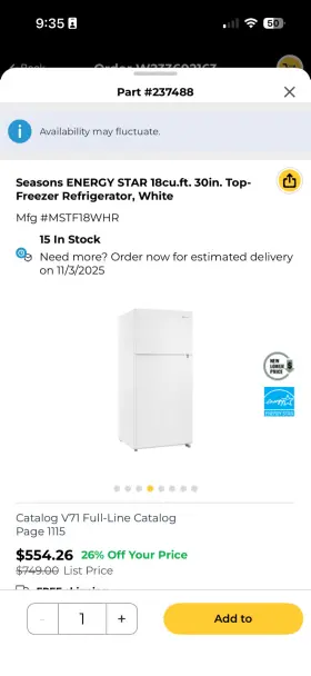 Mstf18whr 4 Seasons Season French Door White Refridgerator Brand New Open Box