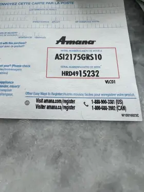 Asi2175grs10 Amana Refrigerator Side By Doors- Stainless Steel