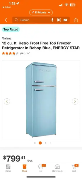 Glr12tbeefr Galanz 12 Cu. Ft. Retro Frost Free Top Freezer Refrigerator In Bebop Blue