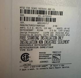 Kenmore 253.60722002 Sears Upright Refrigerator Fridge White