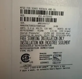 253.60722002 Kenmore Sears Upright Refrigerator Fridge White
