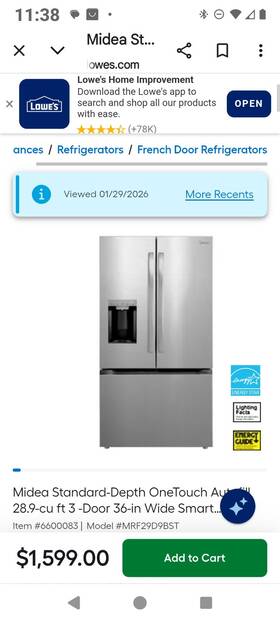 Midea Mrf29d9bst 28.9-cu Ft French Door Refrigerator Stainless Steel Water Dispenser Ice M