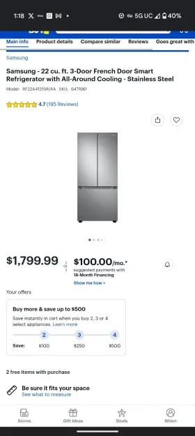 6471961 Samsung 22 Cu. Ft. 3-door French Door Smart Refrigerator With All-around Cooling