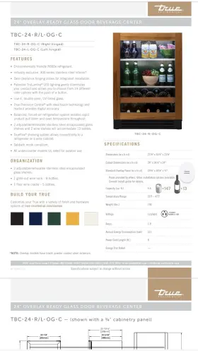 Tbc-24-r-og-c True Residential 24 Inch Panel-ready Glass Door Built-in Beverage Cen