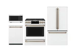 Cafe Matte White Package Induction Range With Brushed Bronze Handles Open. Price: $7900.00.