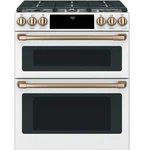Cafe CGS750P4MW2 30" Matte White Slide-in Smart Gas Range Open. Price: $2899.99.