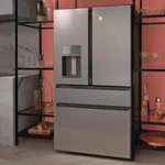 Cafe Modern Glass Collection CVE28DM5NS5 36" Smart 4DOOR Frenchdoor Refrigerator Open. Price: $4049.00.