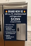 Brand New Stainless 36" Side-by-side 25.3 Cu. Ft. Refrigerator GSS25GYPFS Open. Price: $1000.00.